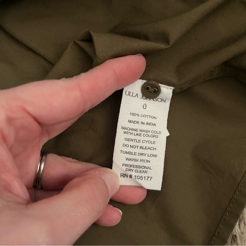 ULLA JOHNSON Delaney Balloon Sleeve Poplin Cotton Blouse in Olive Green Size 0 - Picture 6 of 14